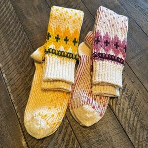 Vintage Royal Cup Fashion Knee Hi Socks Yellow Pink Fair Isle Knit Size 9-11 New